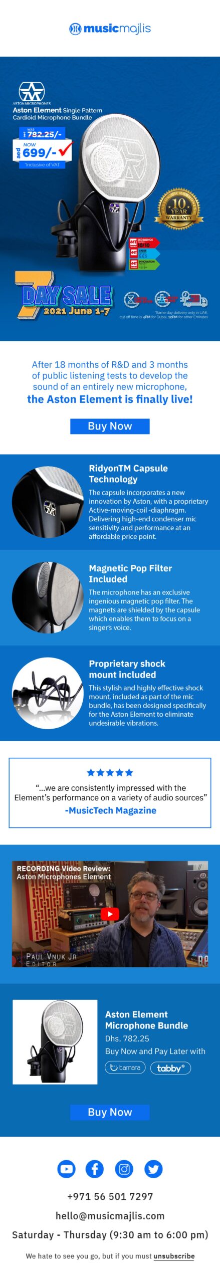 Single-product hero email for an Aston microphone with feature blocks and reviews