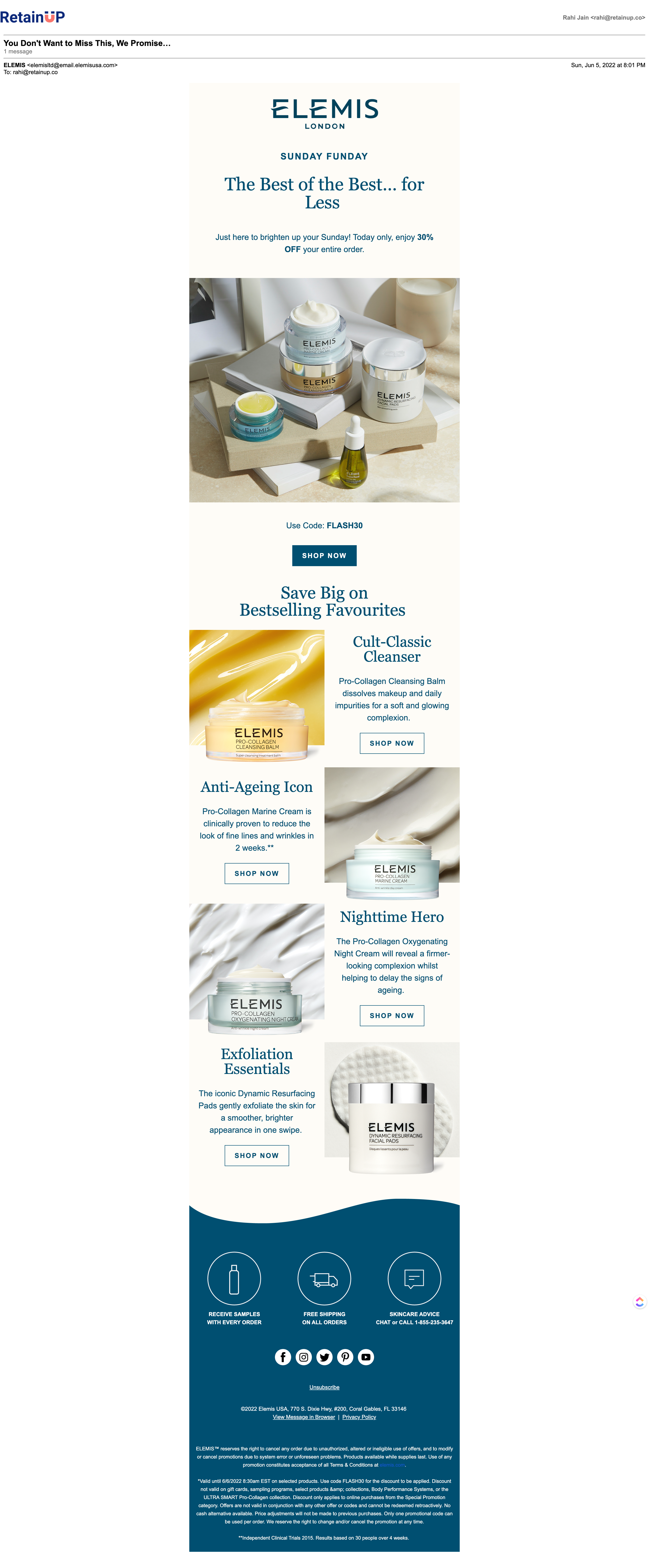 Elemis bestsellers email showing skincare products in a long layout