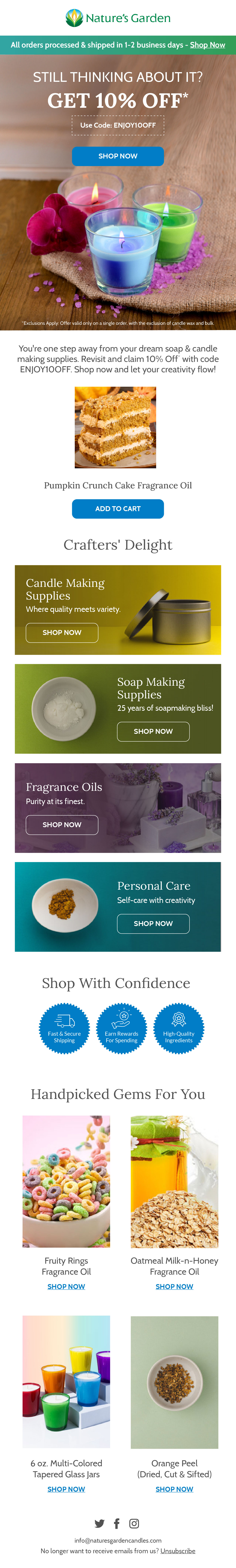 Nature's Garden browse abandonment email 2 with 10% off
