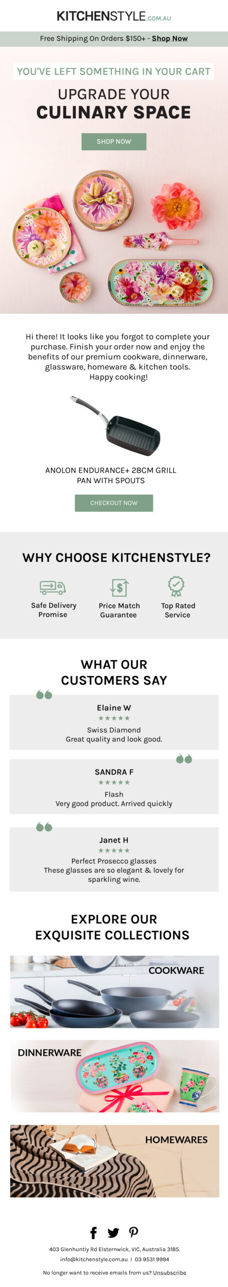 KitchenStyle cart abandonment email 1 with cart items and reviews