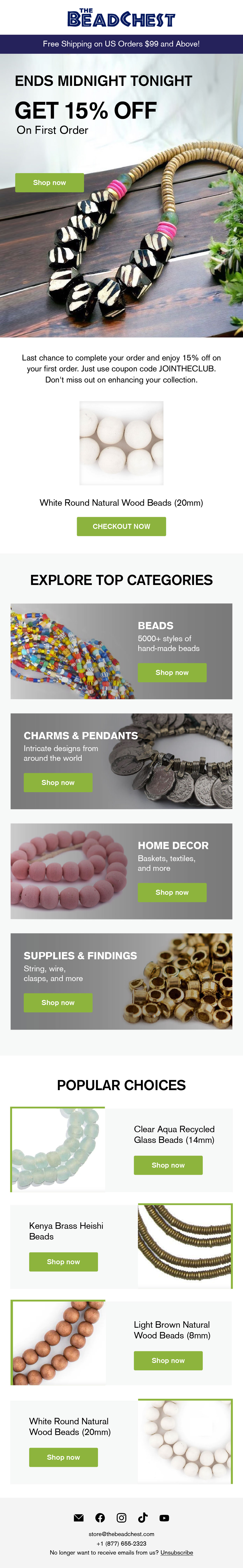 Bead Chest cart abandonment email 3 with 15% off ending tonight