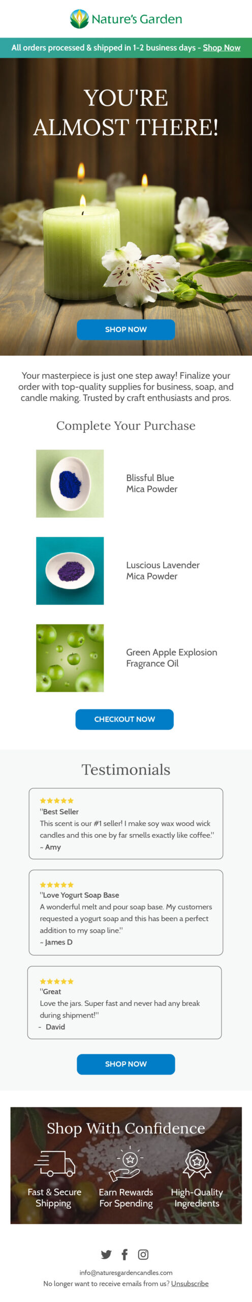 Nature's Garden checkout abandonment email 1 with order items and reviews