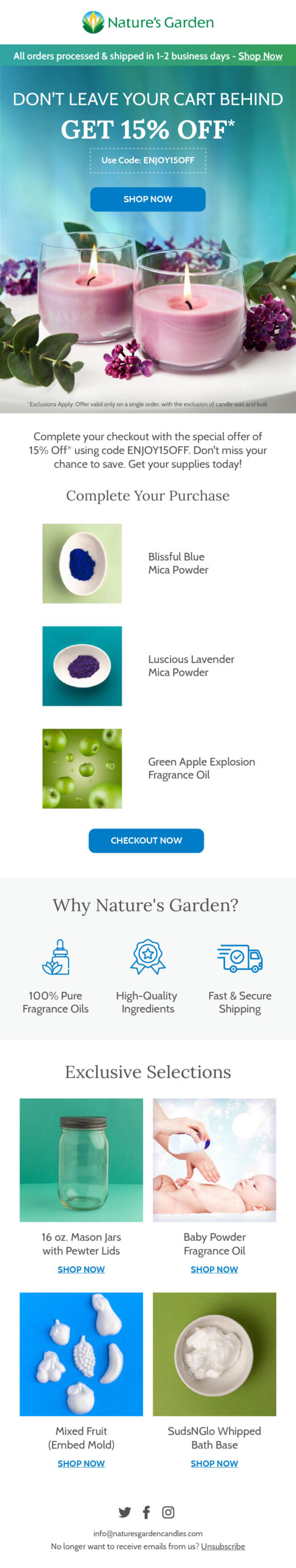 Nature's Garden checkout abandonment email 2 with 15% off