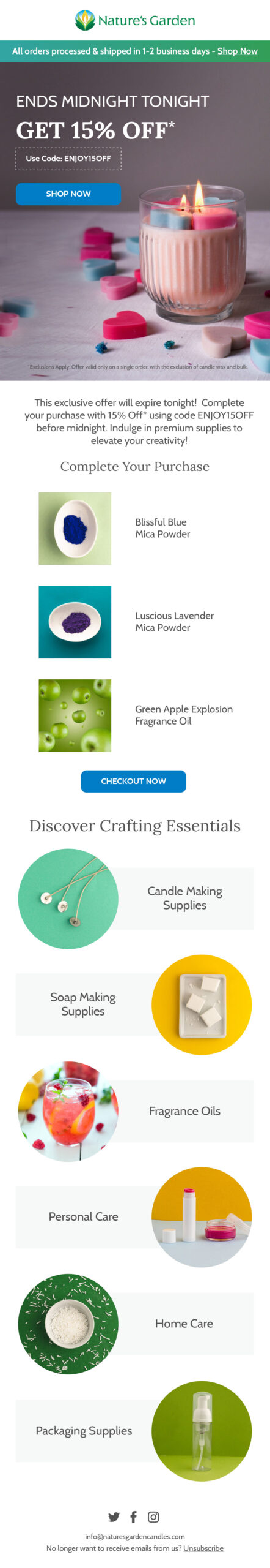 Nature's Garden checkout abandonment email 3 with offer ending midnight