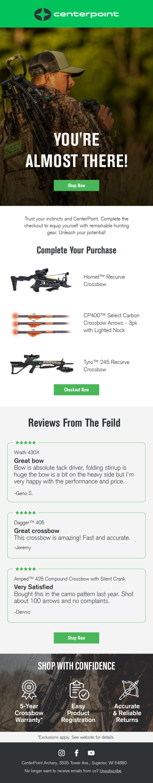 Centerpoint checkout abandonment email 1 with order items and reviews
