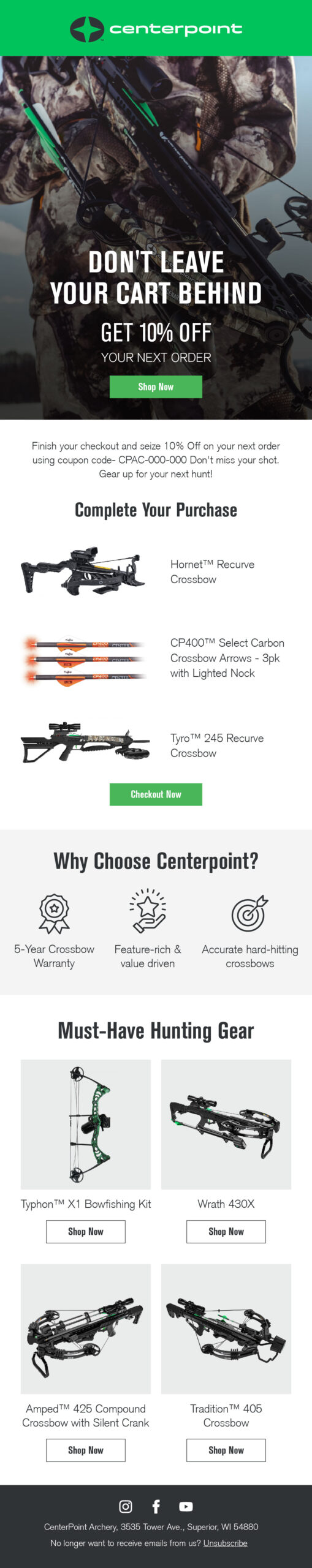 Centerpoint checkout abandonment email 2 with 10% off