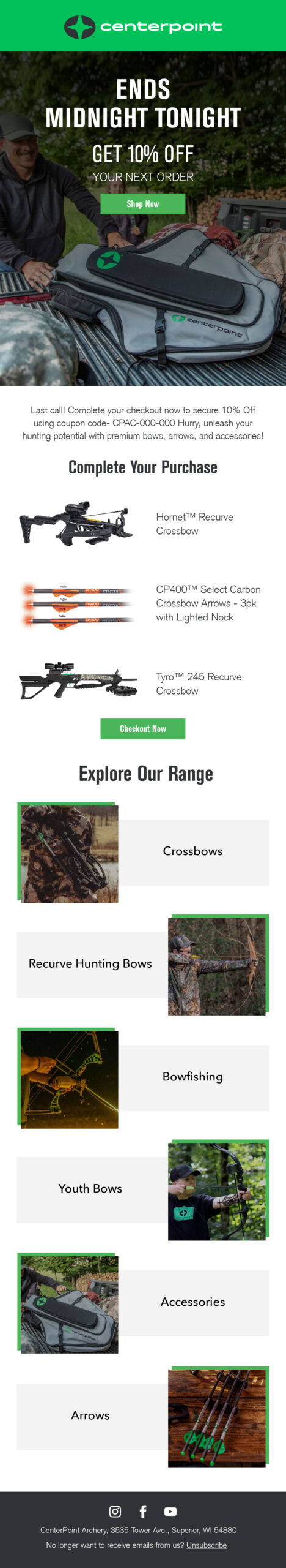 Centerpoint checkout abandonment email 3 with offer ending midnight