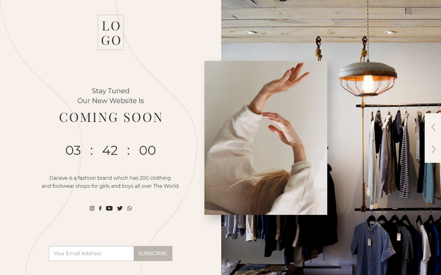Coming soon landing page with countdown and email signup