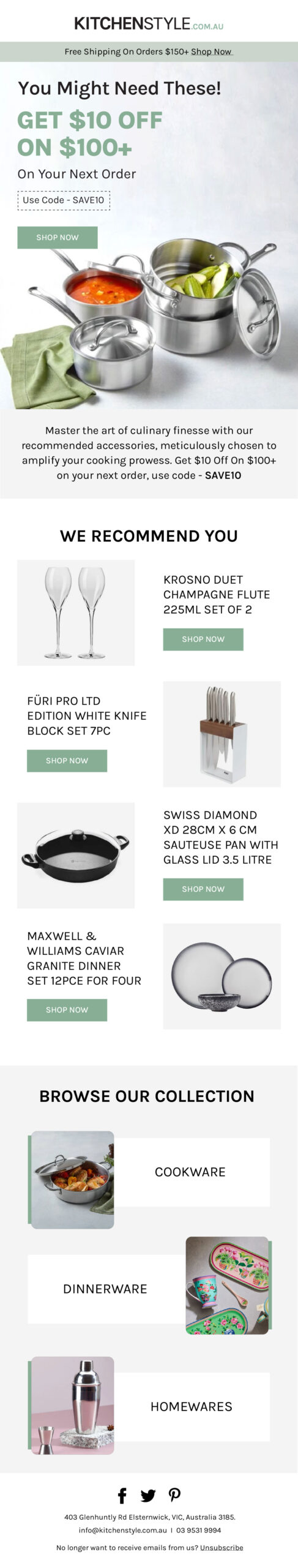 KitchenStyle cross-sell email 1 with $10 off orders over $100