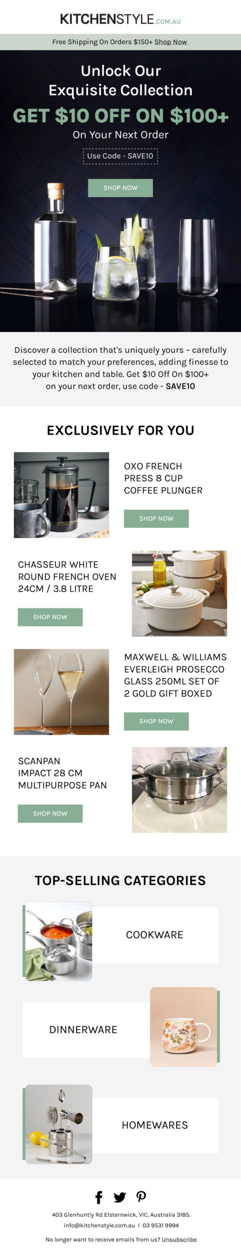 KitchenStyle cross-sell email 3 with $10 off and top categories