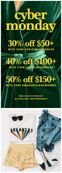 Cyber Monday email with tiered discounts of 30%, 40% and 50% off by spend