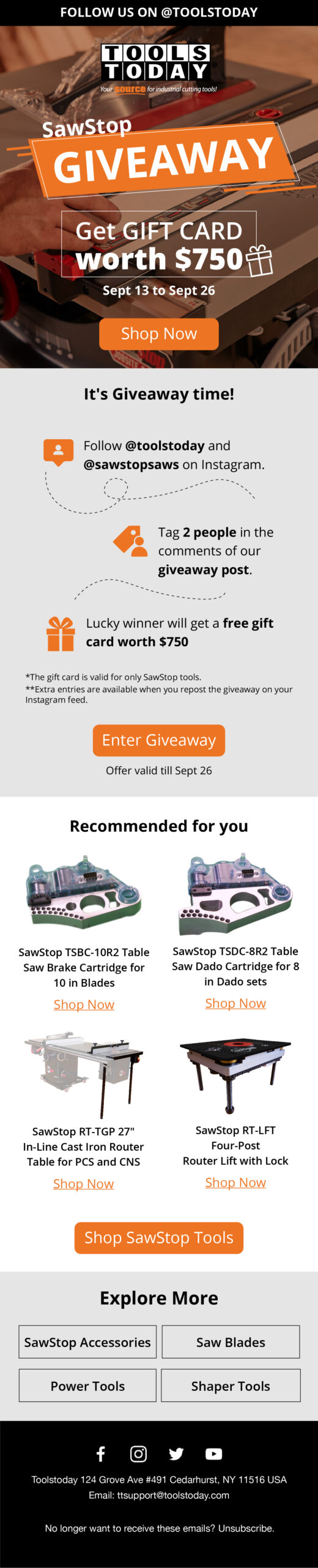 Giveaway email offering a gift card worth $750 with recommended products
