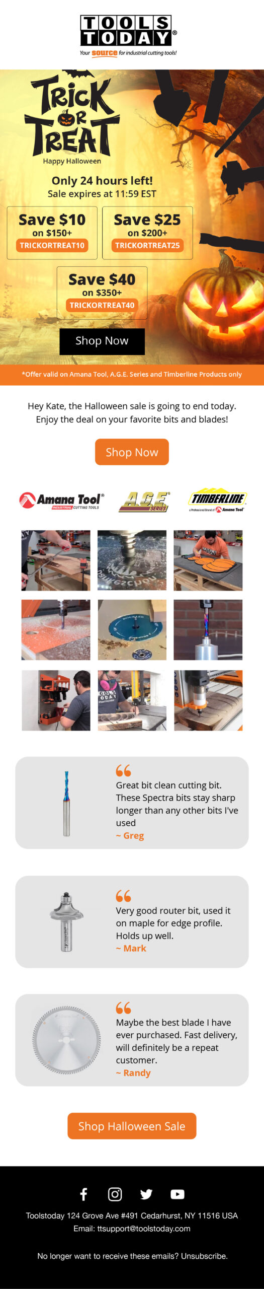 Tools Today Halloween email with trick or treat deals and product grid