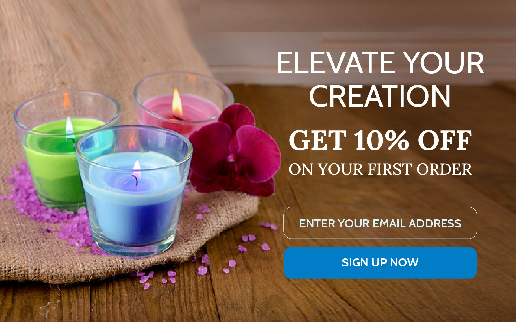 Welcome pop-up for a candle brand offering 10% off the first order