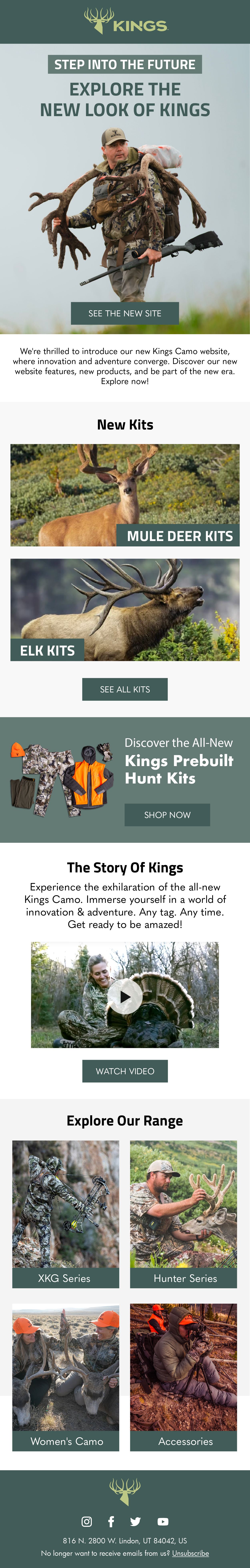 Long new arrivals email with outdoor gear photos and story blocks
