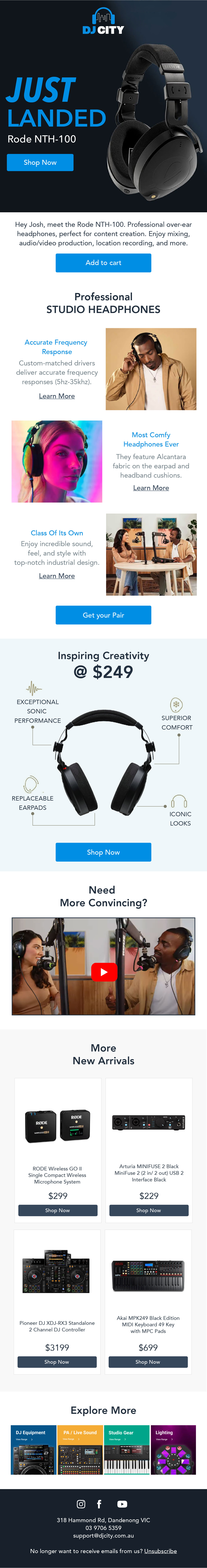 Long single-product launch email for headphones with feature and product blocks