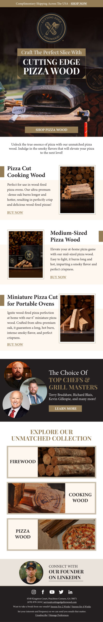 Single category email featuring pizza wood and cooking products in a long layout
