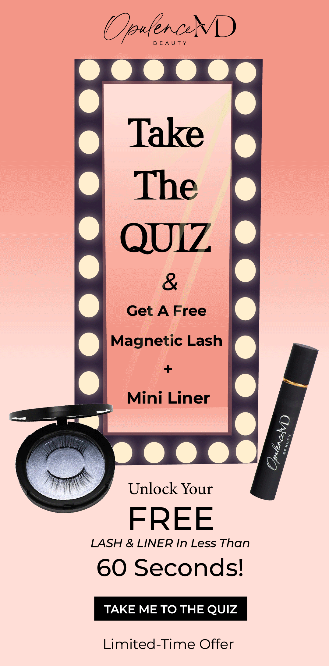 Opulence MD quiz email offering a free magnetic lash and mini liner after the quiz