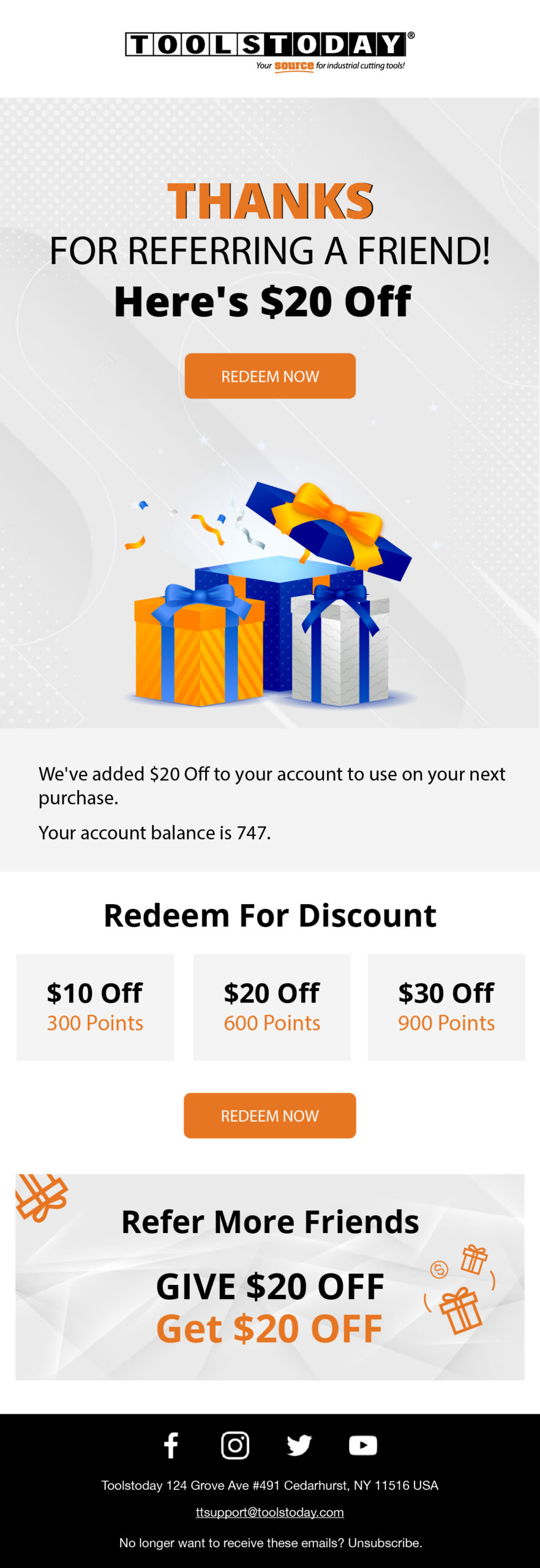 Tools Today referral email giving $20 off to friends