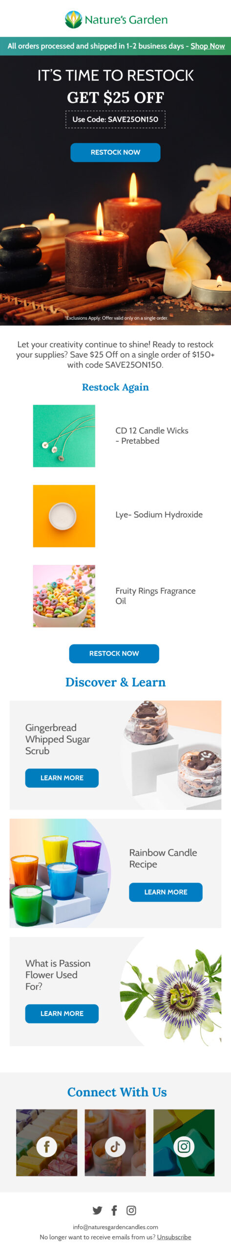 Nature's Garden replenishment email 1 with $25 off to restock