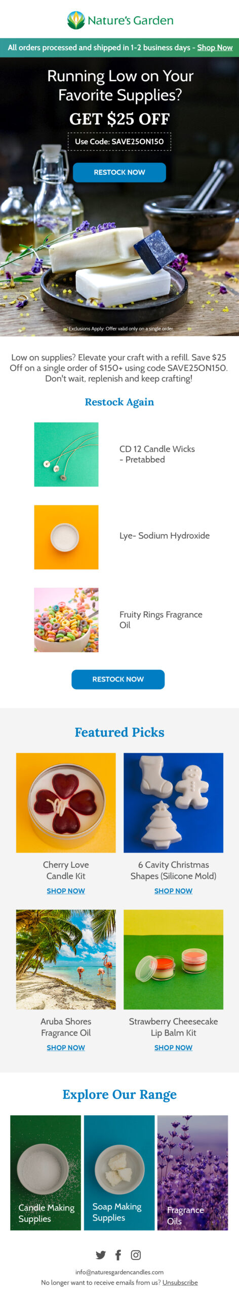 Nature's Garden replenishment email 2 for supplies running low