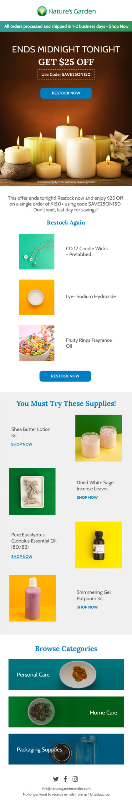 Nature's Garden replenishment email 3 with offer ending midnight