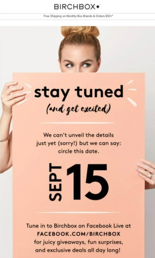 Birchbox teaser email saying stay tuned, with a September 15 Facebook Live date