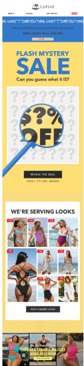 Flash mystery sale email with hidden discount and swimwear products