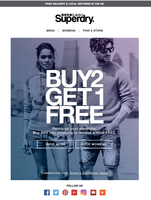 Superdry email offering buy 2 get 1 free on any two products