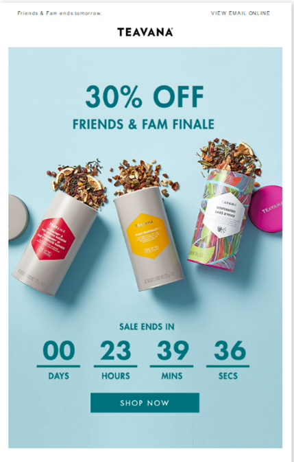 Teavana email offering 30% off with a countdown timer ticking to sale end
