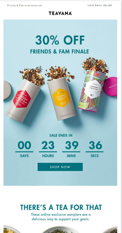 Teavana email with 30% off and a countdown timer
