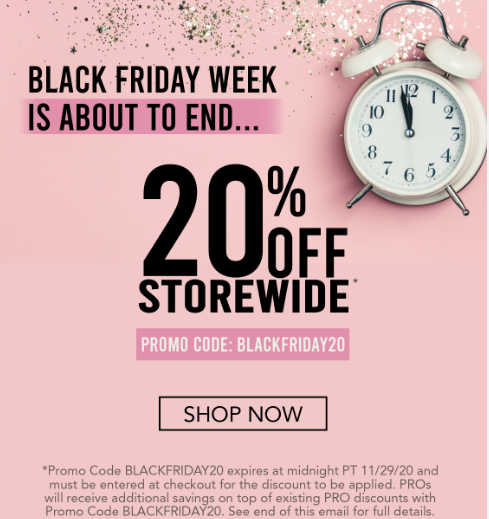 Black Friday week email offering 20% off storewide with a clock graphic and promo code