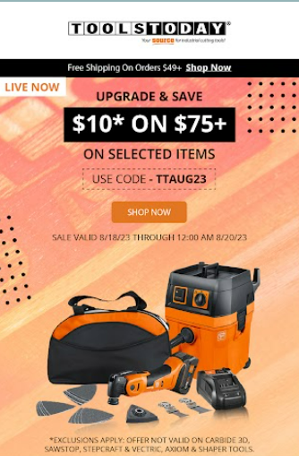 Tools Today email offering $10 off orders of $75 or more on selected items