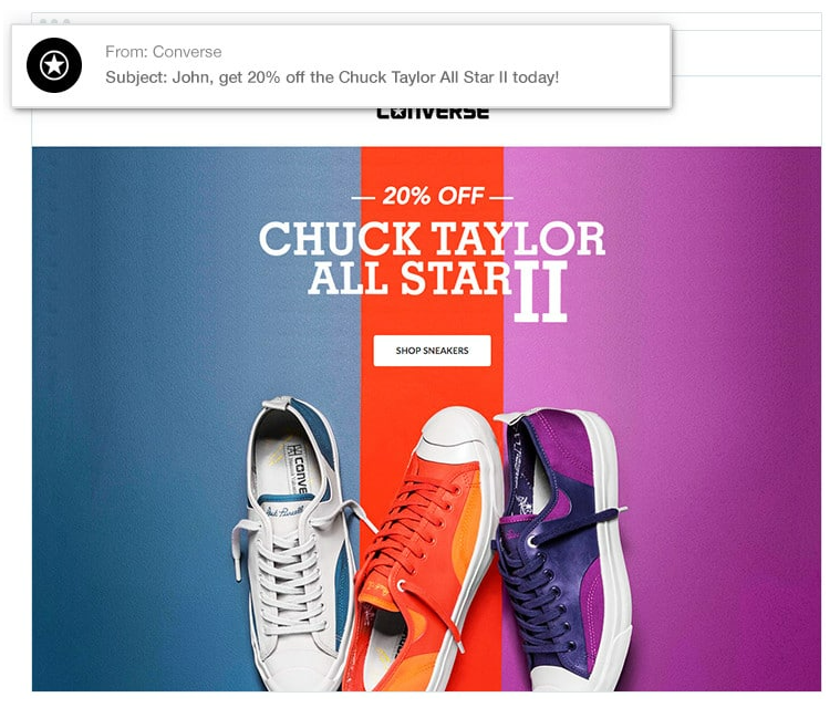 Converse email with recipient name in subject line and 20% off