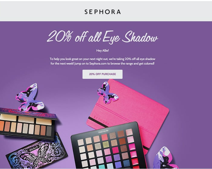 Sephora email with 20% off eye shadow and clear CTA