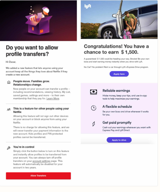 Two email copy styles, long Netflix text versus short Lyft layout