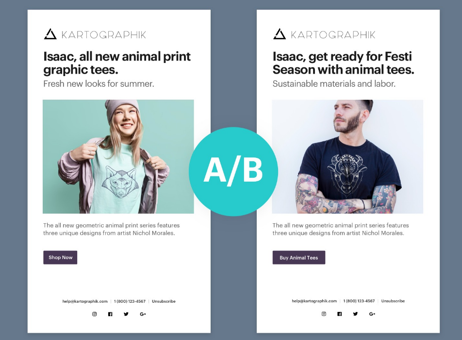 Kartographik A/B test of two headlines for animal print tees