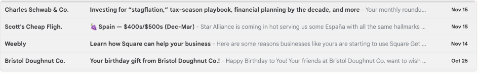 Inbox view showing preview text next to subject lines