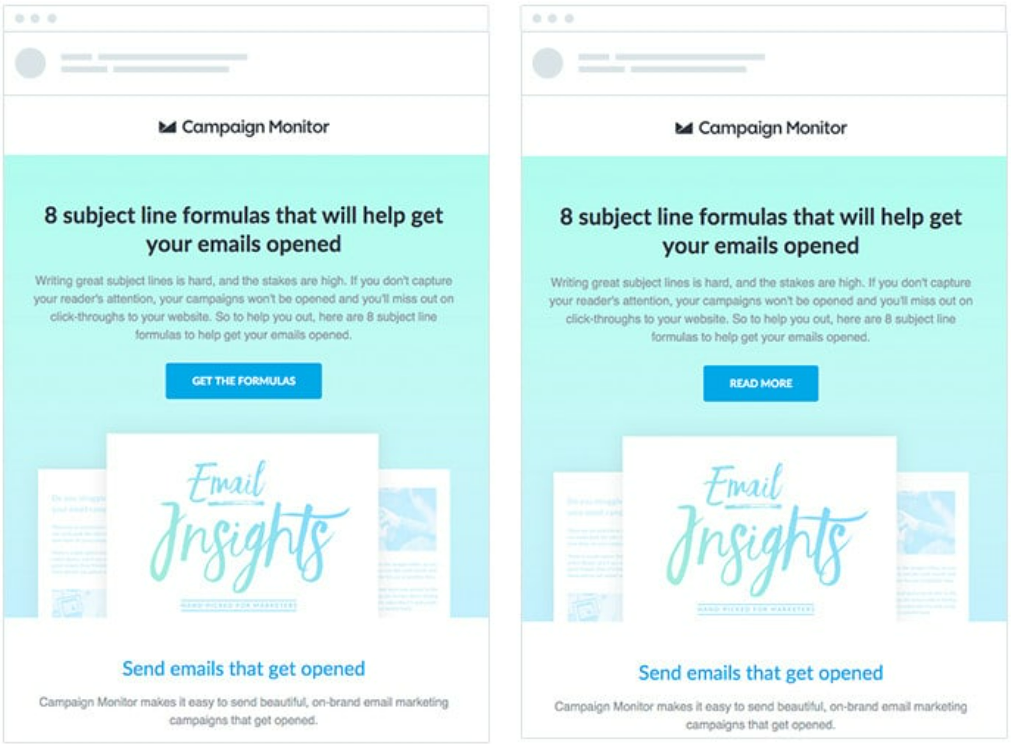 Campaign Monitor A/B test of two CTA button labels