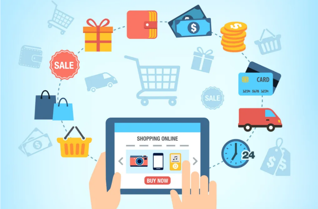 Online shopping on a tablet with cart, sale tags and delivery icons