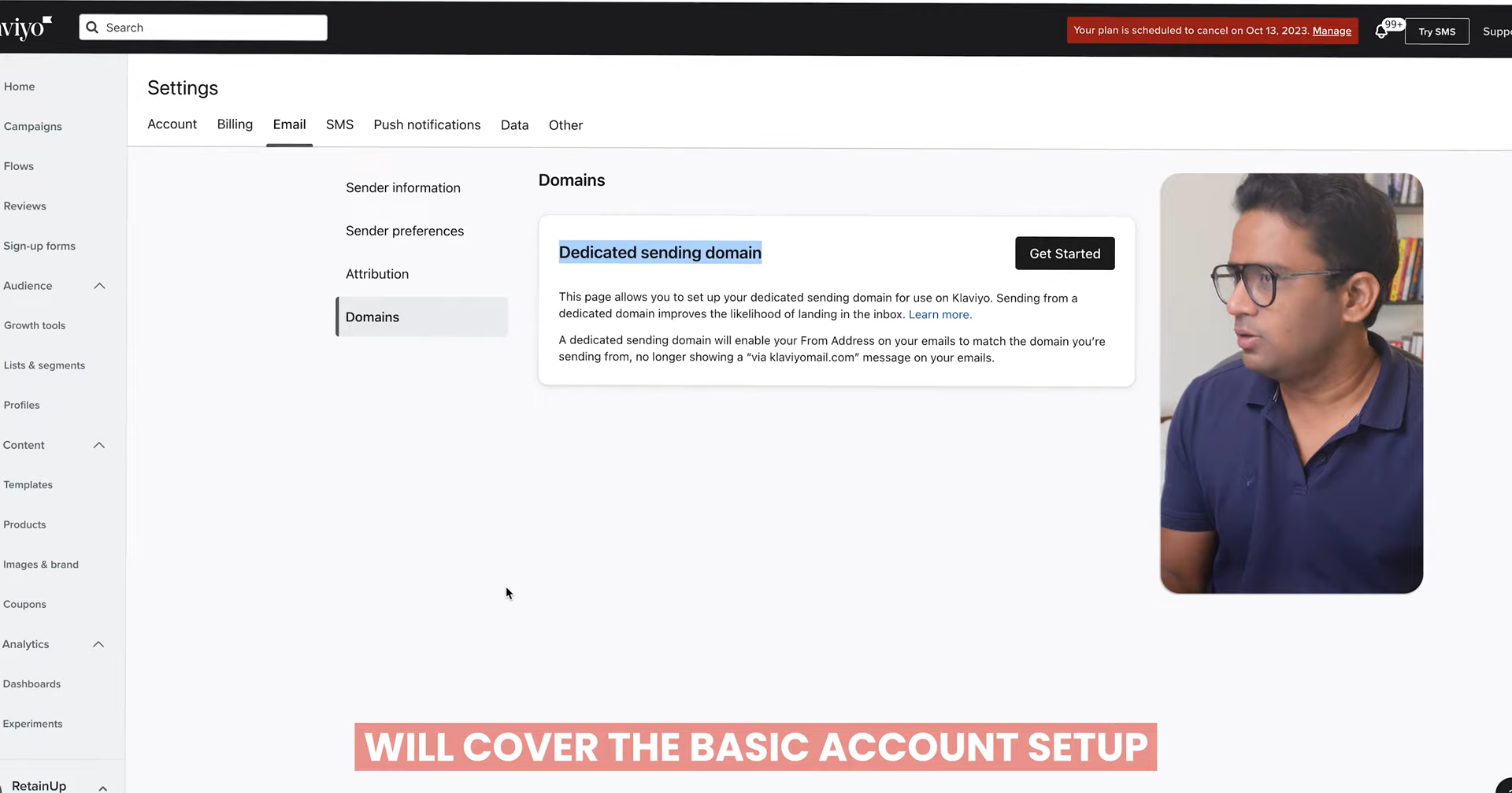 Klaviyo email settings page for a dedicated sending domain, with presenter video