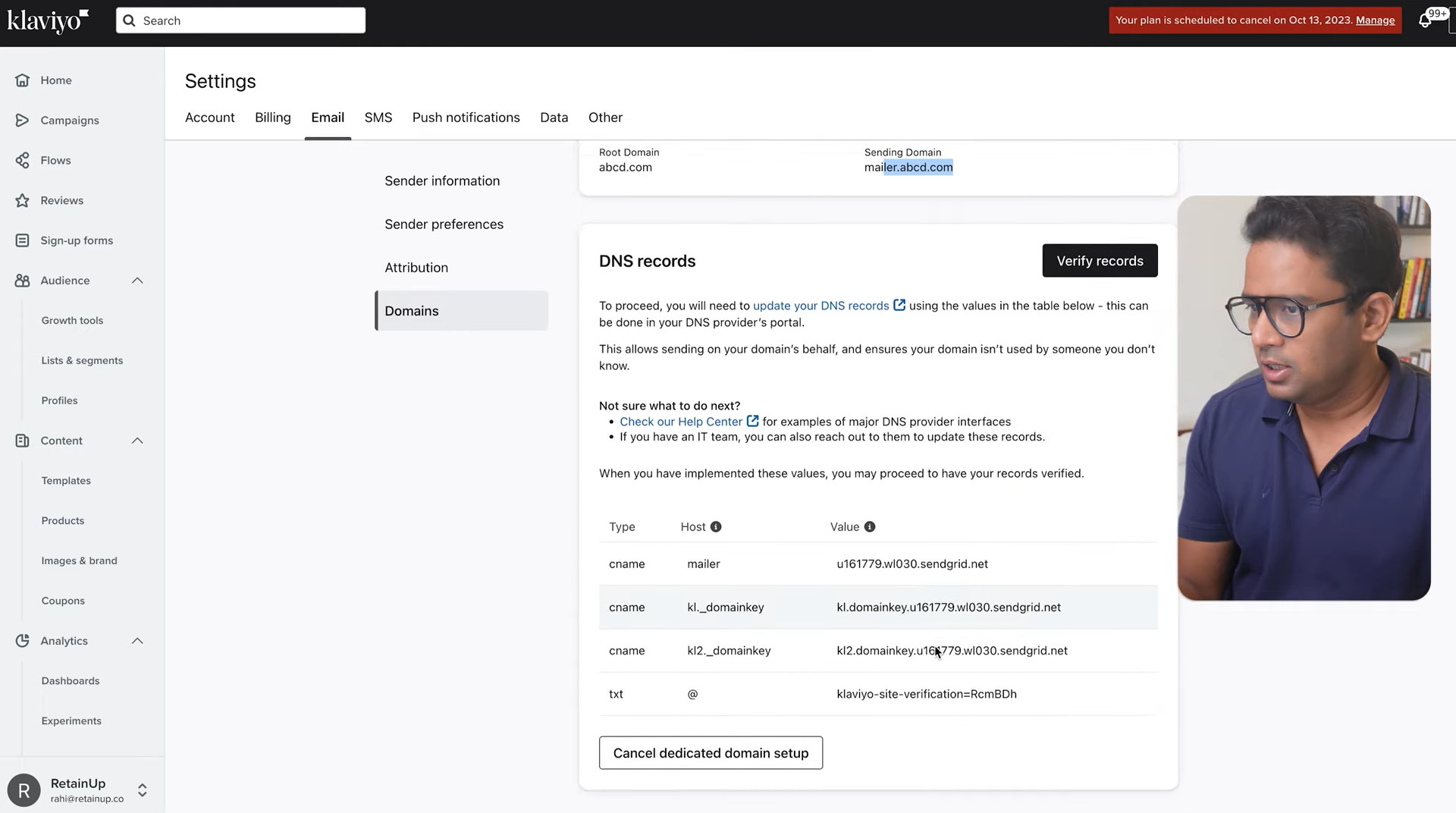 Klaviyo DNS records screen for verifying a dedicated sending domain