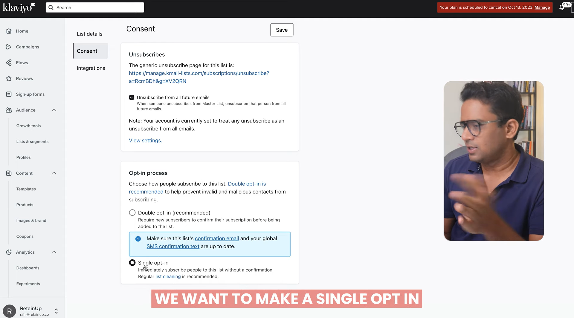 Klaviyo consent settings choosing single opt-in, with presenter video