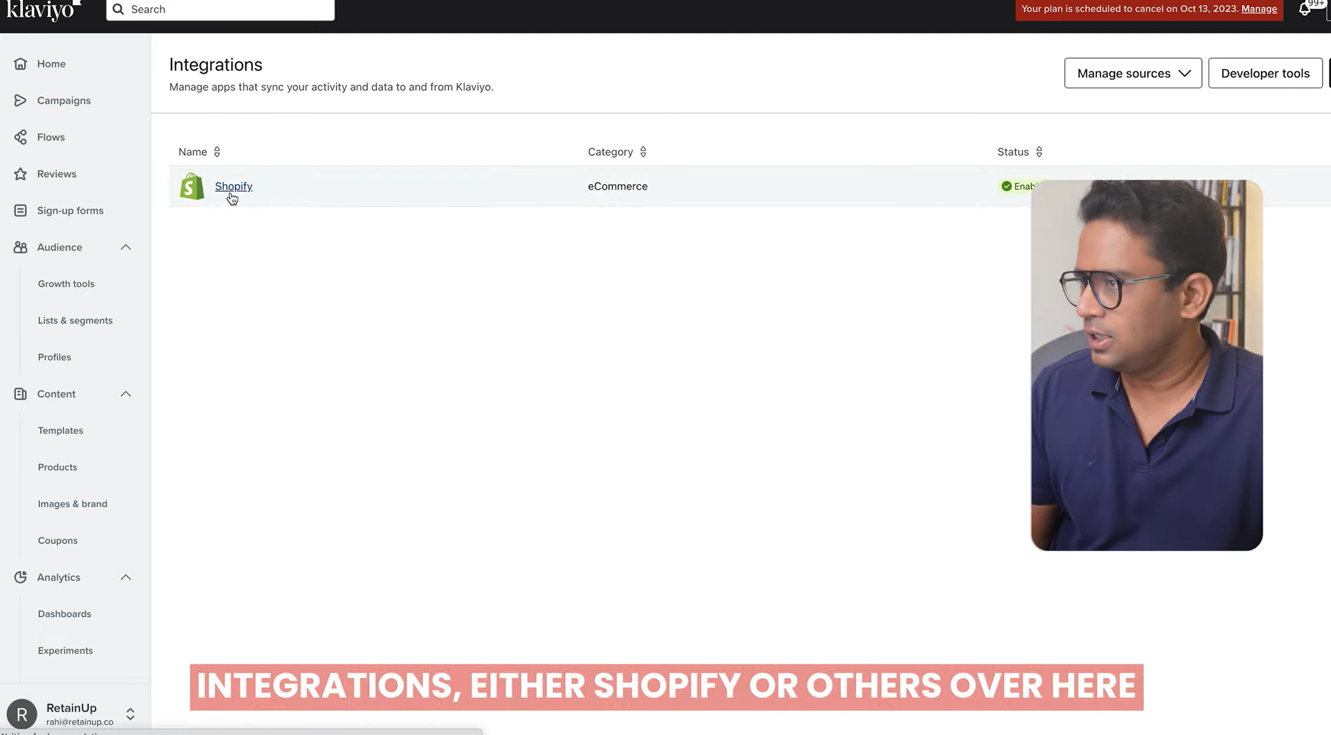 Klaviyo integrations page with Shopify connected, with presenter video