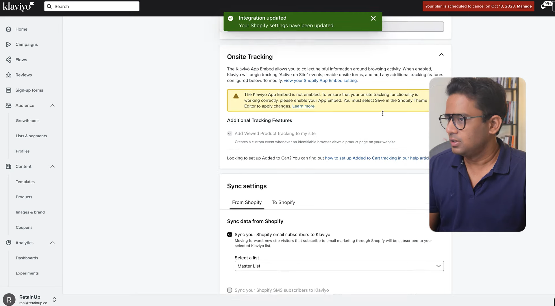 Klaviyo Shopify integration settings for onsite tracking and sync, with presenter video