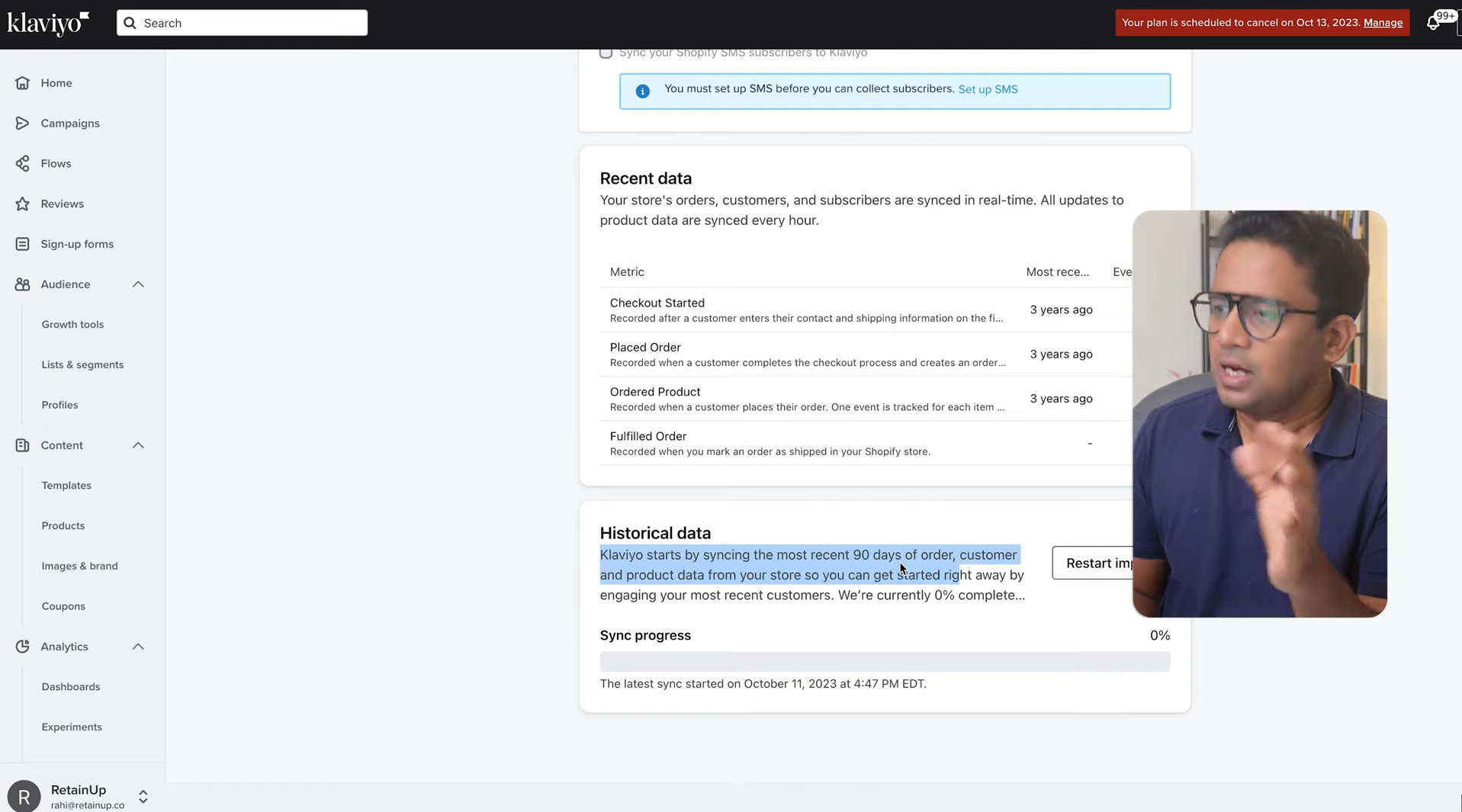 Klaviyo Shopify historical data sync panel, with presenter video