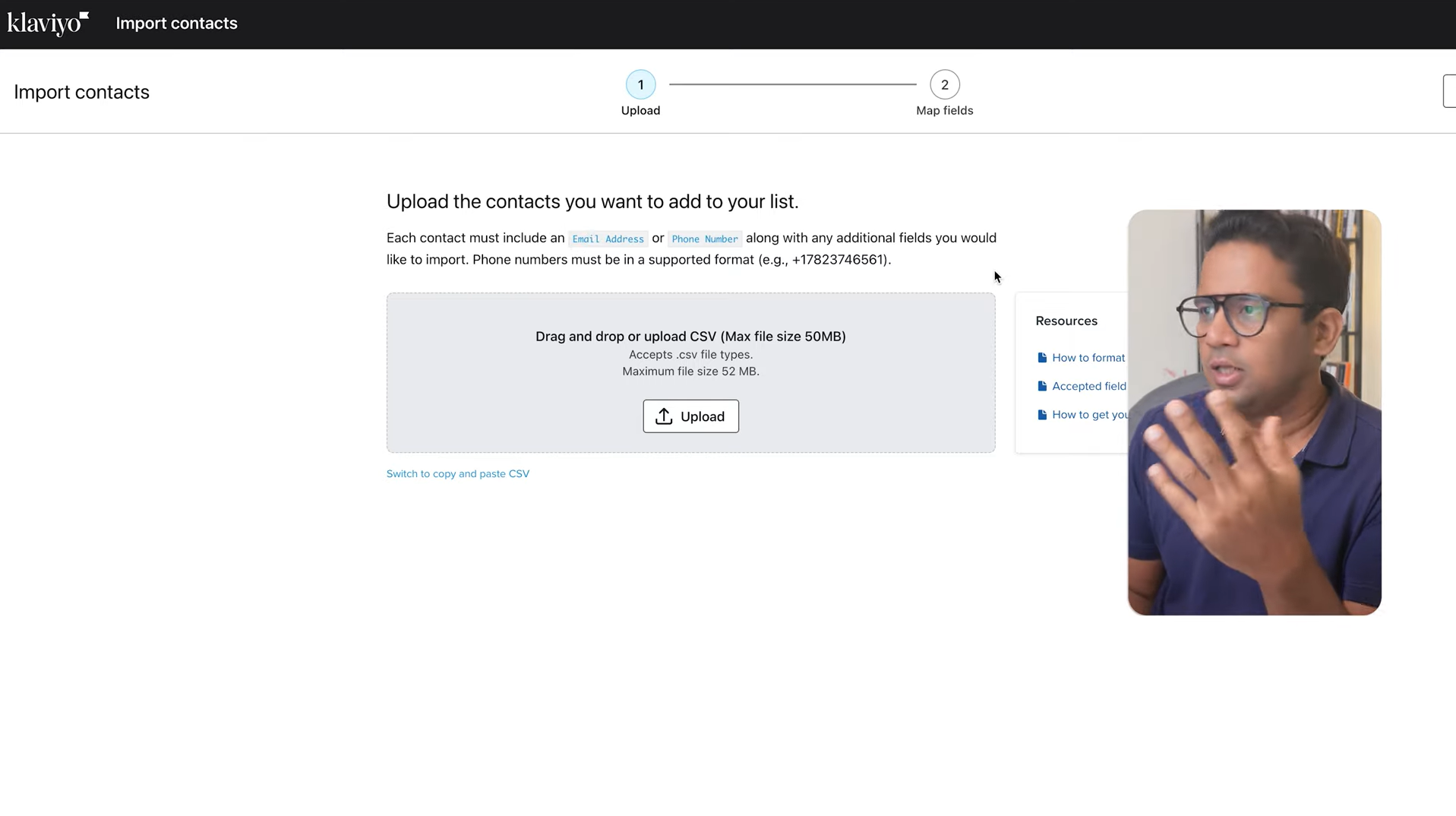 Klaviyo import contacts upload screen, with presenter video