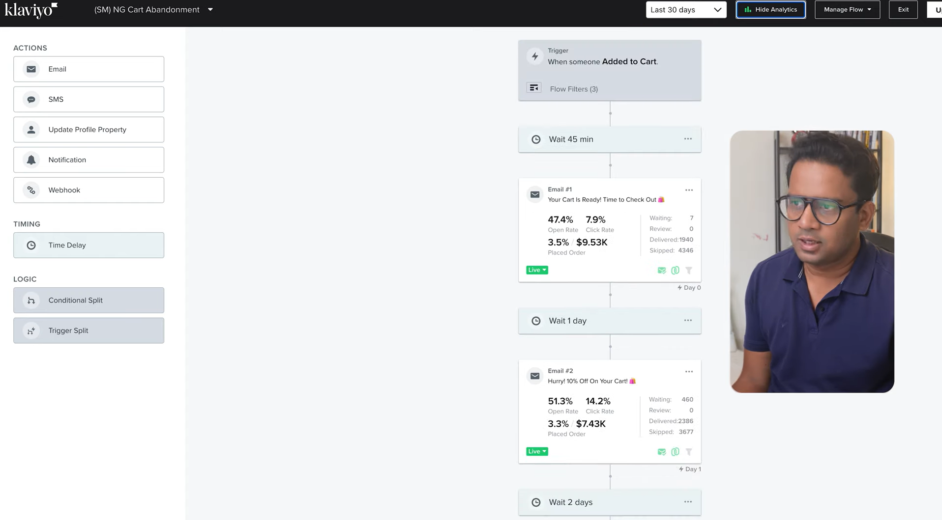 Klaviyo flow builder for cart abandonment with email performance stats, with presenter video