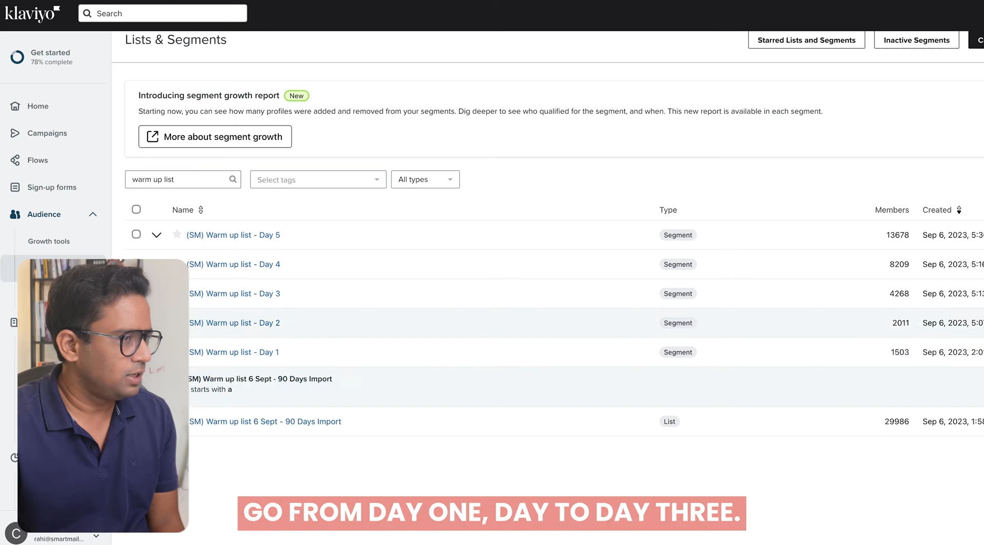 Klaviyo segments list showing warm up day segments, with presenter video