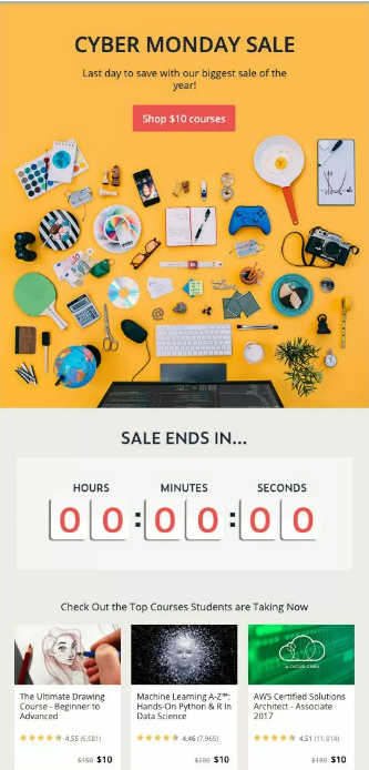 Cyber Monday sale email with a countdown timer